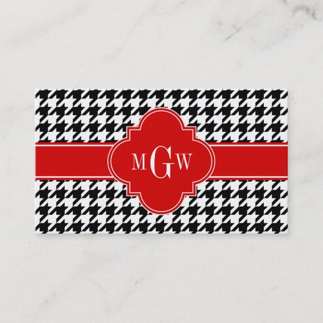 Black Wht Houndstooth Red Quatrefoil 3 Monogram Visitkort (Framsida)