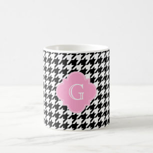 Black Wht Houndstooth Rosa Quatrefoil Monogram Kaffemugg
