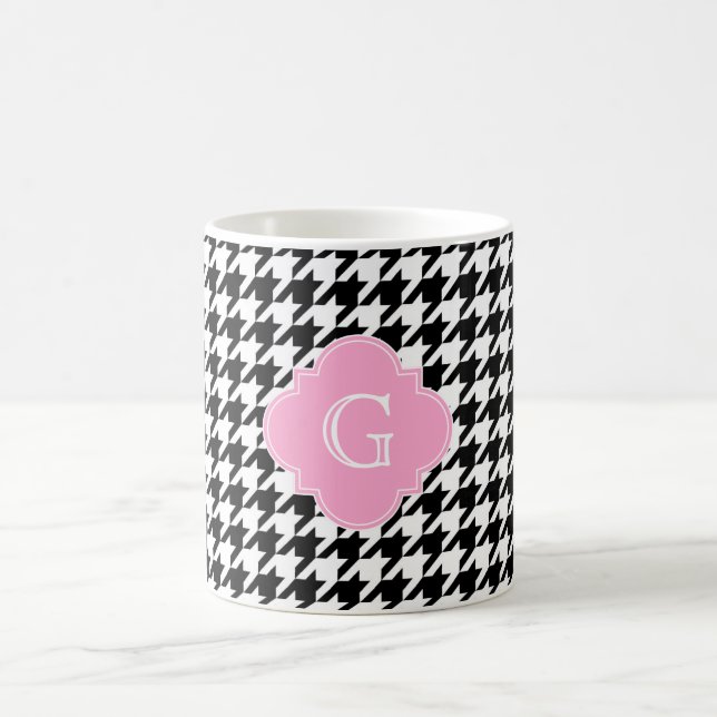 Black Wht Houndstooth Rosa Quatrefoil Monogram Kaffemugg (Center)