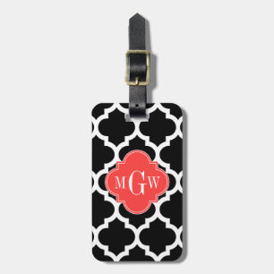 Black Wht Moroccan #5 Coral Red 3, första Monogram Bagagebricka