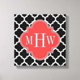 Black Wht Moroccan #5 Coral Red 3, första Monogram Canvastryck