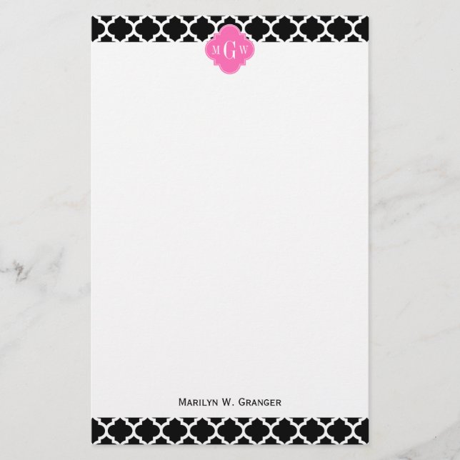 Black Wht Moroccan #5 Shock rosa #2 Namn Monogram Brevpapper (Framsida)
