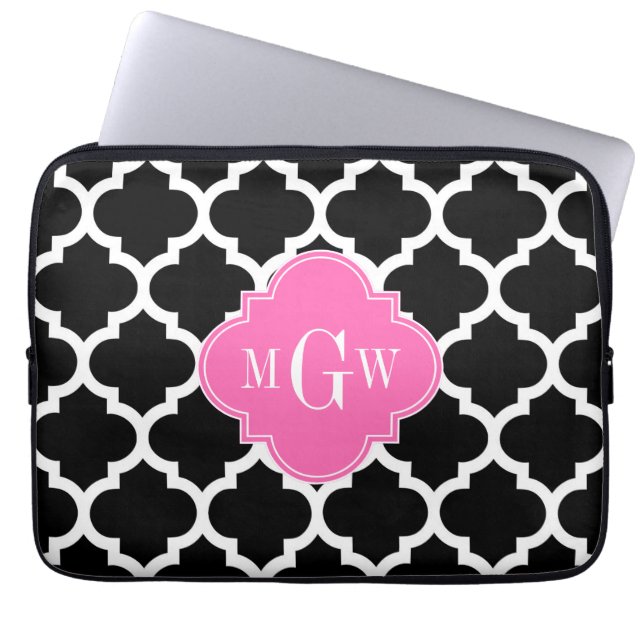 Black Wht Moroccan #5 Shock rosa #2 Namn Monogram Laptop Sleeve (Framsidan)