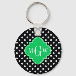 Black Wht Polka Dot Emerald Quatrefoil 3 Monogram Nyckelring