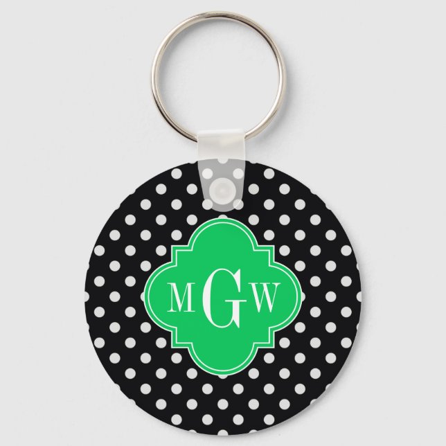 Black Wht Polka Dot Emerald Quatrefoil 3 Monogram Nyckelring (Framsida)