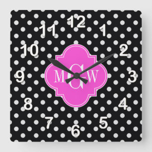Black Wht Polka Dot Shock rosa Quatrefoil 3 Monogr Fyrkantig Klocka