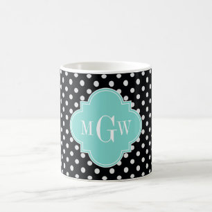 Black Wht Polka dots Aqua Quatrefoil 3 Monogram Kaffemugg