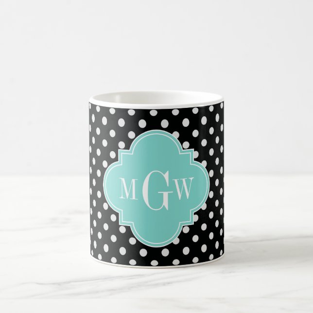 Black Wht Polka dots Aqua Quatrefoil 3 Monogram Kaffemugg (Center)