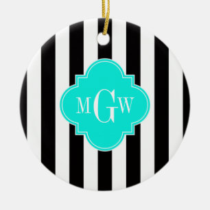 Black Wht Rand Bright Aqua Quatrefoil 3 Monogram Julgransprydnad Keramik