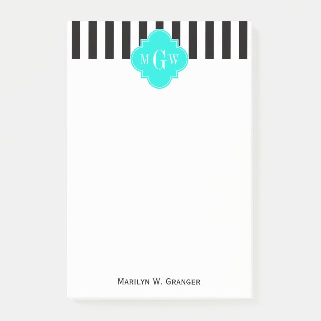 Black Wht Rand Bright Aqua Quatrefoil 3 Monogram Post-it Block (Framsida)