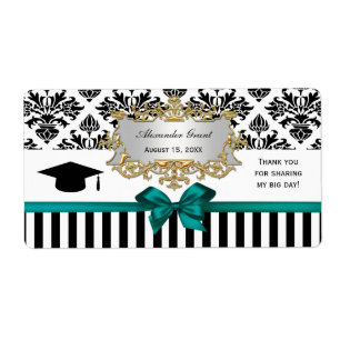 Black Wht Rand Damask Teal Vatten-etikett Grad Fraktsedel