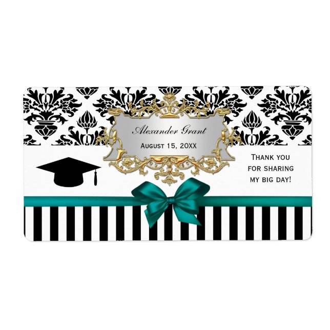 Black Wht Rand Damask Teal Vatten-etikett Grad Fraktsedel (Framsidan)