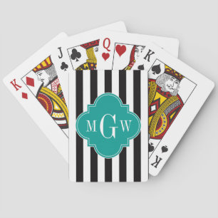 Black Wht Rand Teal Quatrefoil 3 Monogram Spelkort