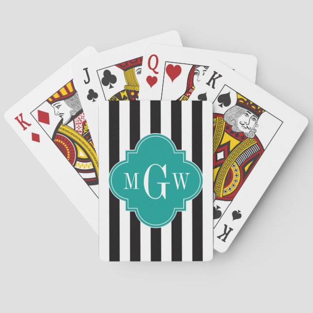 Black Wht Rand Teal Quatrefoil 3 Monogram Spelkort (Baksidan)