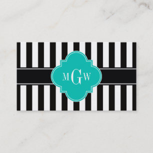 Black Wht Rand Teal Quatrefoil 3 Monogram Visitkort