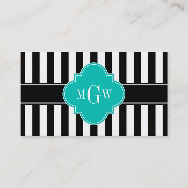 Black Wht Rand Teal Quatrefoil 3 Monogram Visitkort (Framsida)
