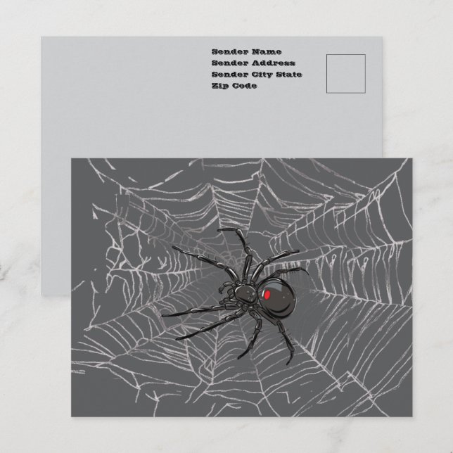 Black Widow Spider And Spiderweb Drawing Art Vykort (Fram/baksida)