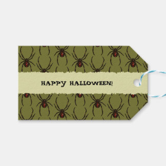 Black Widow Spider Happy Halloween Pixel Pattern Presentetikett