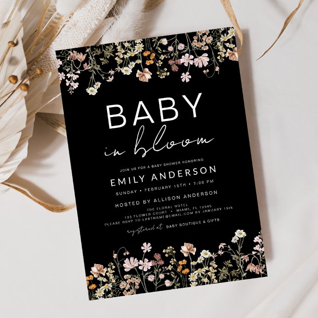 Black Wildblomma Baby i Bloom Baby Shower Inbjudningar (Skapare uppladdad)
