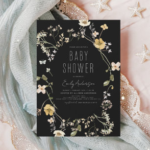Black Wildblomma Boho Baby Shower Elegant Modern Inbjudningar