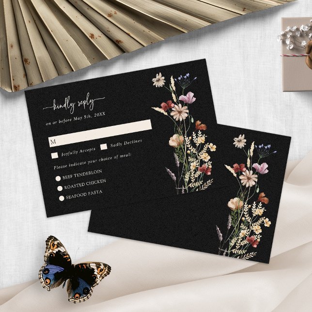 Black WildblommBoho OSA kort (Black Watercolor Wildflower Boho RSVP Card by Painted Paperie
)