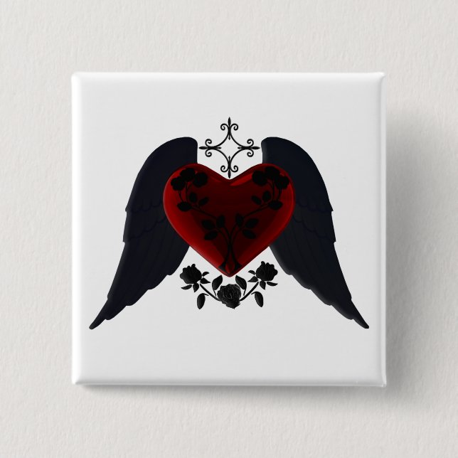 Black Winged Goth Heart Button Knapp (Framsida)
