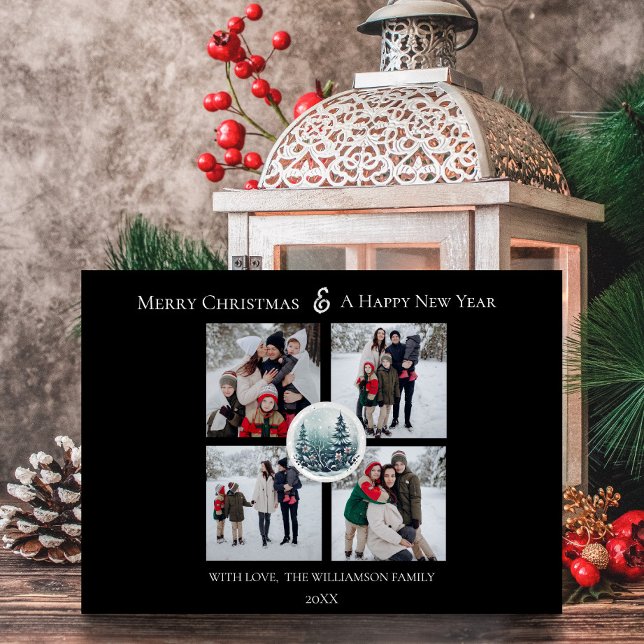 Black Winter Forest Blommigt Photo Collage Julkort (Black Winter Forest Floral Photo Collage Holiday Card)