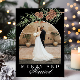 Black Winter Pine Merry & Married Photo Christmas Julkort