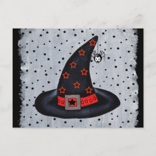 Black Witch Hat Stars Cute Hanging Spider Vykort