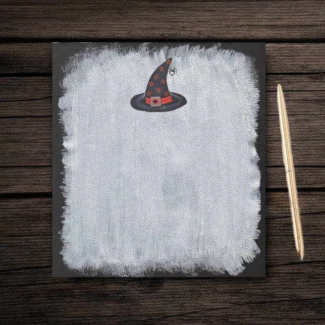 Black Witch Hat Stars Cute Spider Halloween Anteckningsblock (Black witch hat orange stars cute spider on black and white paper note pad.)