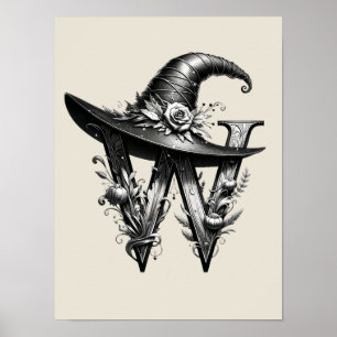 Black Witch Hat Witchy Brev W Anpassningsbar Initi Poster