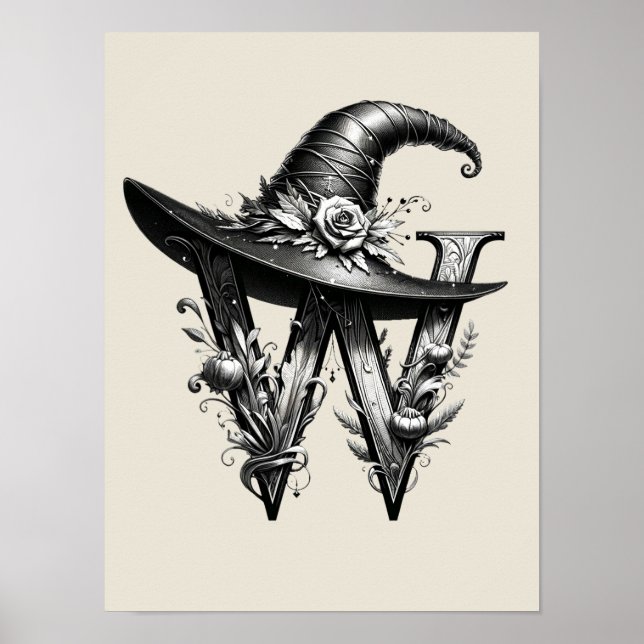 Black Witch Hat Witchy Brev W Anpassningsbar Initi Poster (Framsidan)