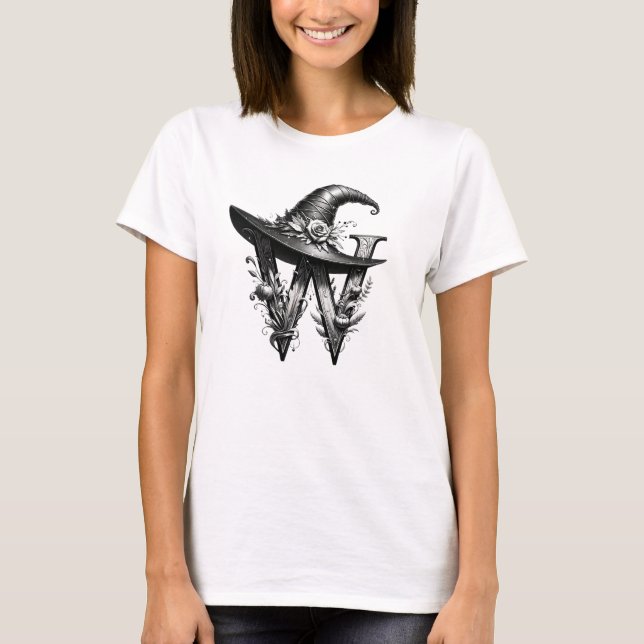 Black Witch Hat Witchy Brev W Anpassningsbar Initi T Shirt (Framsida)