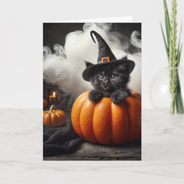 Black Witch Kitten i Halloween Pumpkin Kort (Framsida)