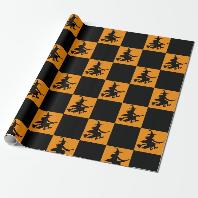 Black Witches on Orange Checkered Wrapping Paper Presentpapper (Utrullad)