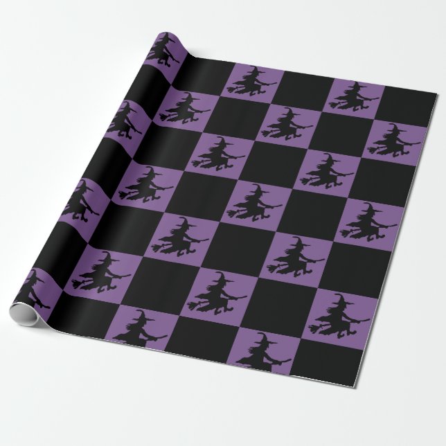 Black Witches on Purple Checkered Wrapping Paper Presentpapper (Utrullad)