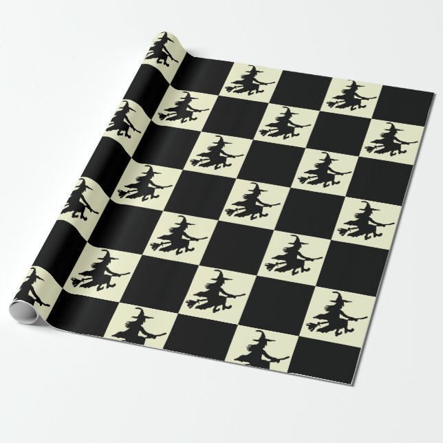 Black Witches on Yellow Checkered Wrapping Paper Presentpapper (Utrullad)