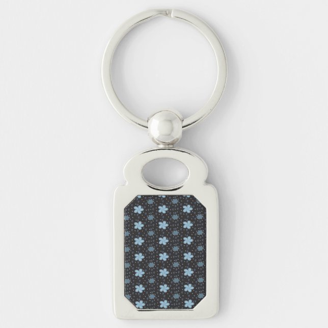 Black with Blue Paisley Floral Print Key Chain Rektangulärt Silverfärgad Nyckelring (Framsidan)