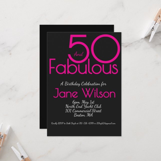  Black with Pink Text 50 and Fabulous Birthday   Inbjudningar (Fram/Back In Situ)
