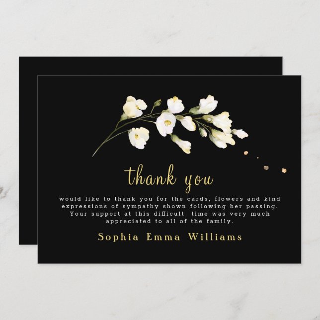 Black with White Flowers Blommigt Tack Kort (Fram/baksida)