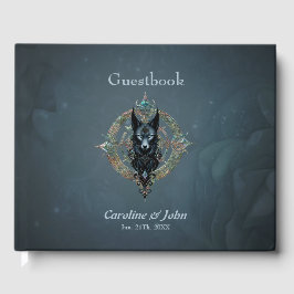 Black wolfs head med piercing blue ögon, gästböcker