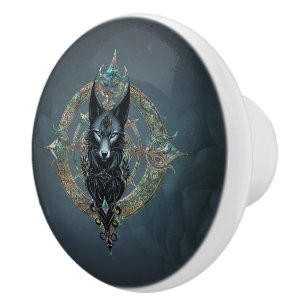 Black wolfs head med piercing blue ögon, knopp