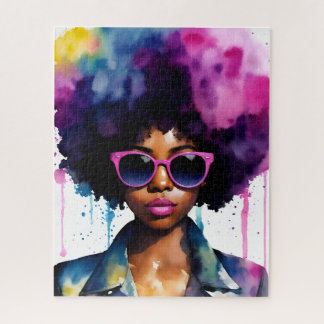 Black Woman Afro Hair och Sunglasses Rainbow Art Pussel