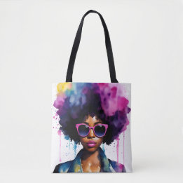 Black Woman Afro Hair och Sunglasses Rainbow Art Tygkasse