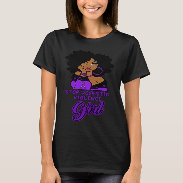 Black Woman Afro In October We Wear Purple Domesti T Shirt (Framsida)