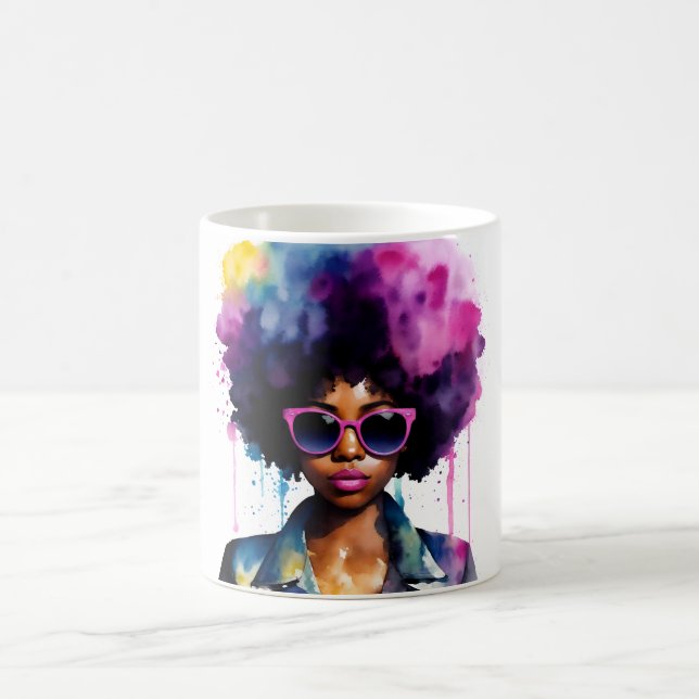 Black Woman Afro Rainbow Hair Sunglasses Art Kaffemugg (Center)