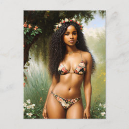 Black Woman Bikini Model Blommigt Beauty Vykort