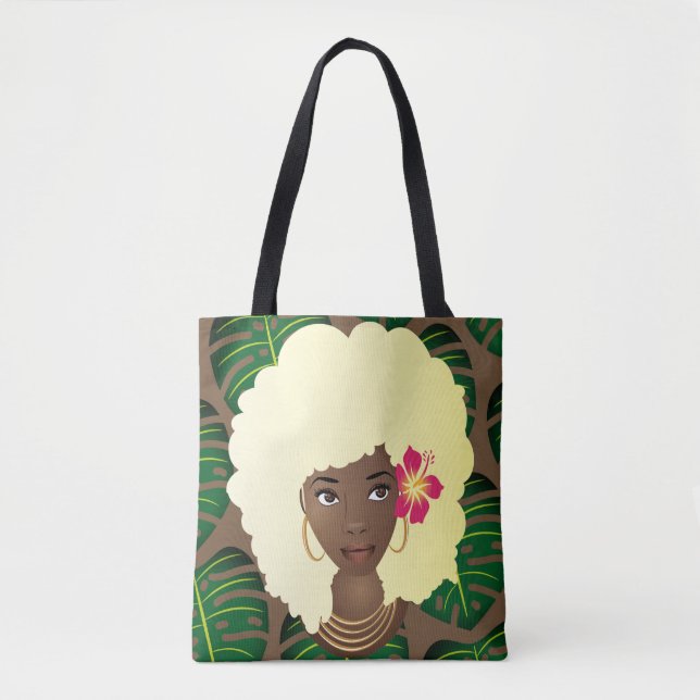 Black Woman, Blonde Afro, Grönt Löv, Brown Tygkasse (Framsida)