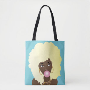Black Woman, Blonde Afro, Rosa Bubblegum, Blue Tygkasse