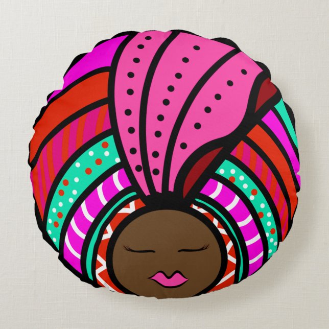 Black Woman Colorful Turban, Rosa Rund Kudde (Framsidan)